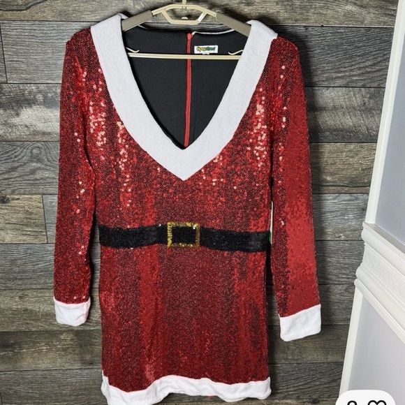 Tipsy Elves Santa Shift Dress Sequin Red White Trim Belted Christmas 1X NWT - Picture 5 of 12